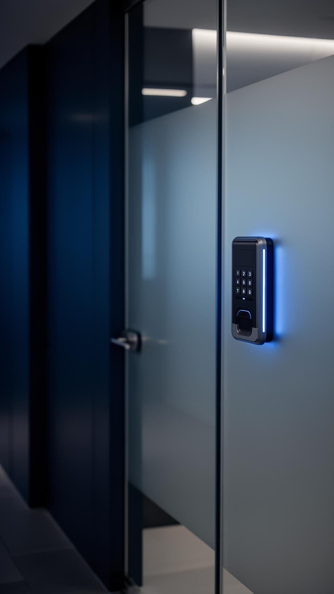 Modern access control keypad on a glass office door