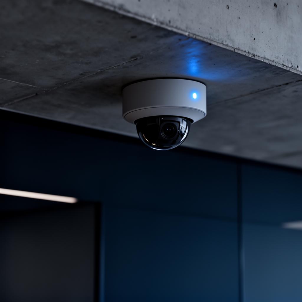 Modern dome security camera mounted on a concrete ceiling