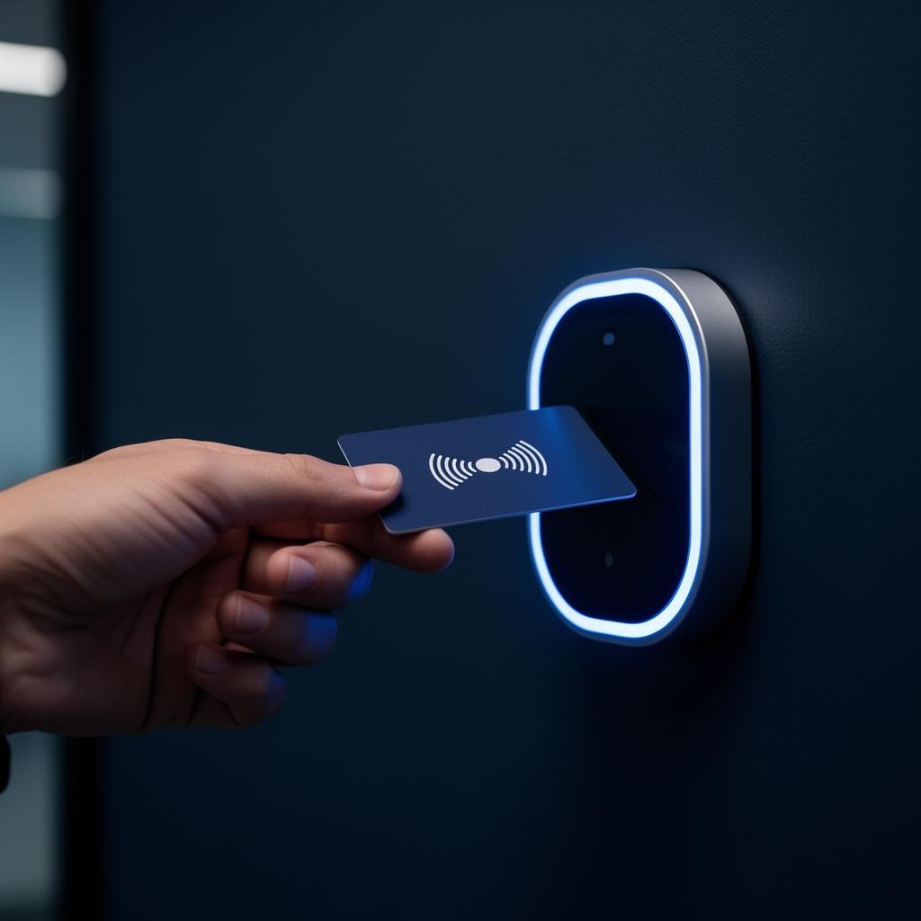 Hand tapping an RFID card on a glowing reader